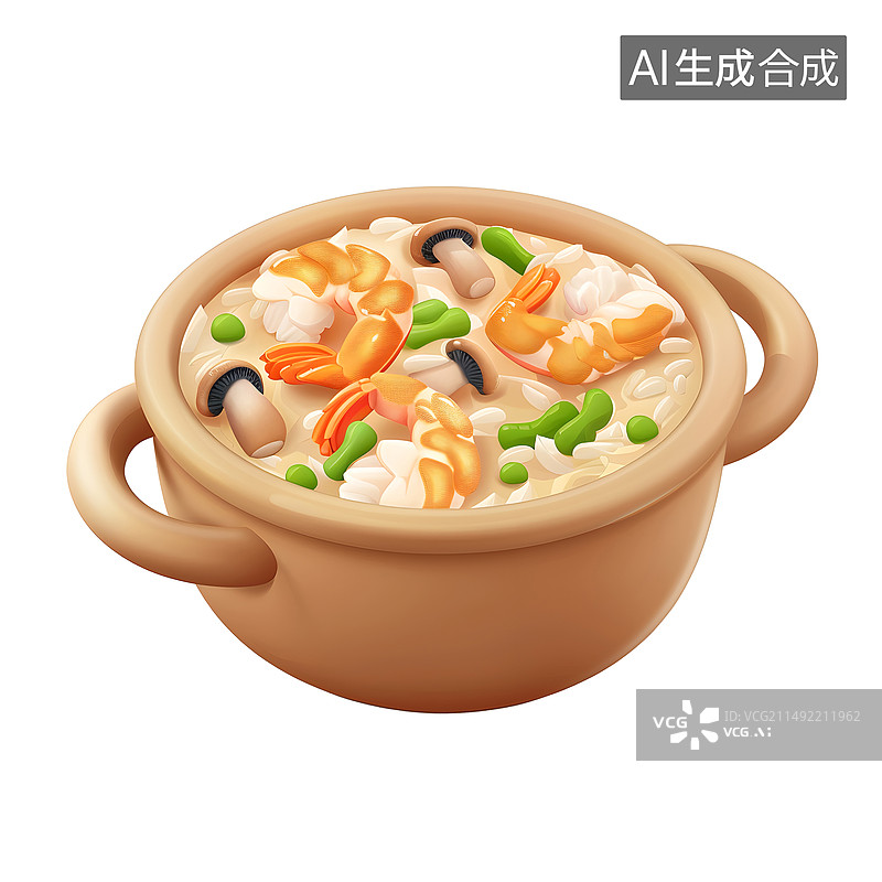 【AI数字艺术】虾仁海鲜砂锅粥3D白色背景图片素材