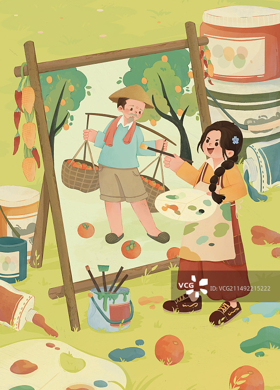 在草坪上正在画画的女孩图片素材