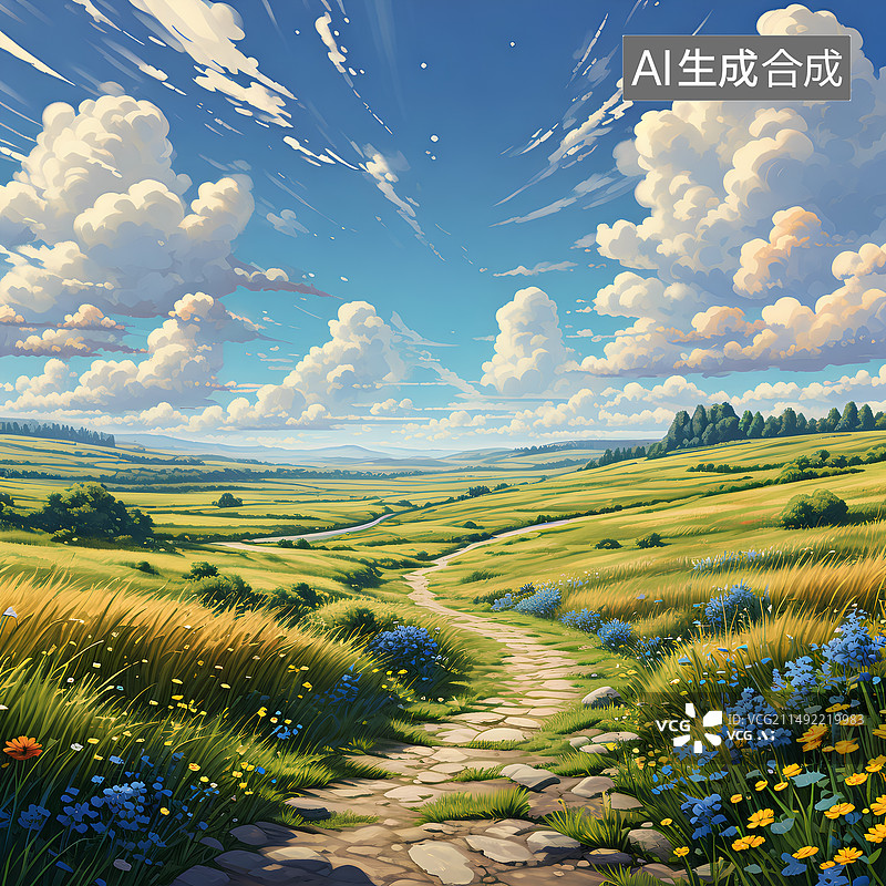 【AI数字艺术】草原小路，蓝天白云，插画，风格清新插图风景画图片素材