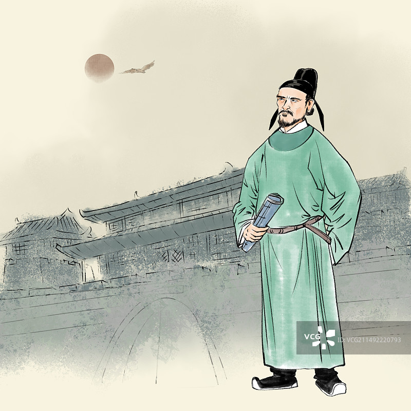 手拿书籍站立在古城墙前面的古代诗人风景插画图片素材