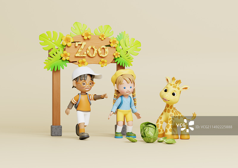 男孩和女孩观看小长颈鹿吃卷心菜图片素材