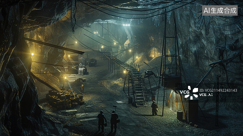【AI数字艺术】矿山挖矿场景，可用于能源资源插图，黄金，铁矿石，石油等背景图图片素材
