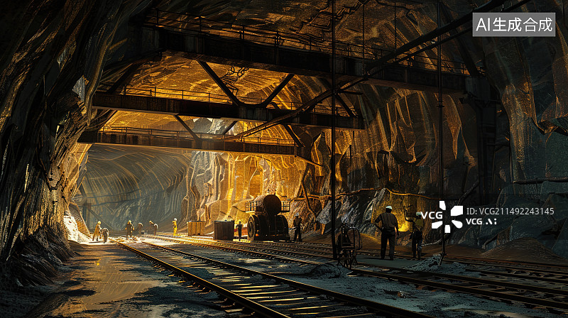 【AI数字艺术】矿山挖矿场景，可用于能源资源插图，黄金，铁矿石，石油等背景图图片素材