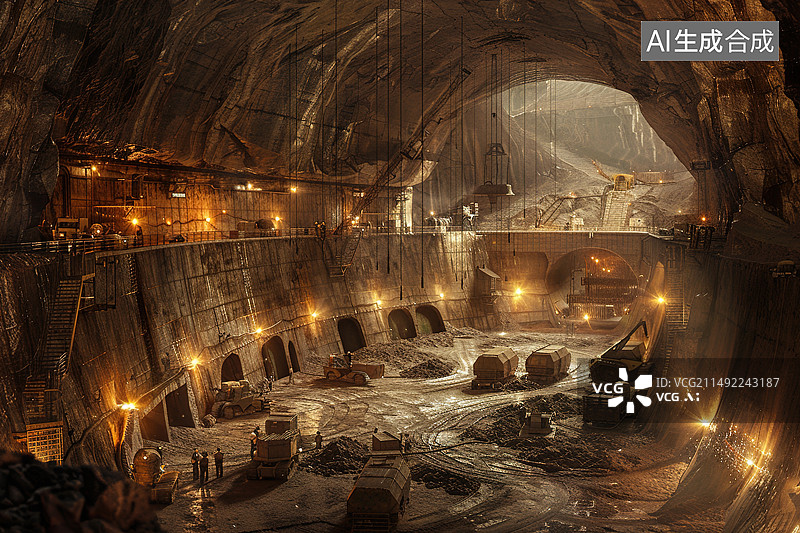 【AI数字艺术】矿山挖矿场景，可用于能源资源插图，黄金，铁矿石，石油等背景图图片素材