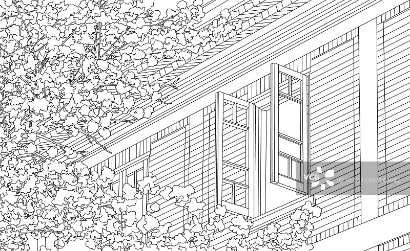 樱花，建筑插画线描图片素材