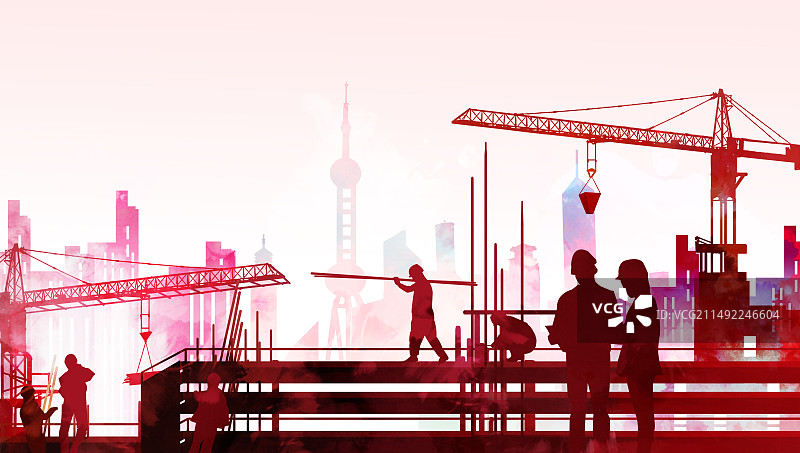 建筑工人奋斗在城市高空作业 城市剪影 中国梦红色背景图片素材