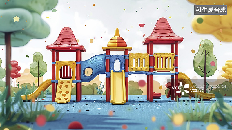 【AI数字艺术】蓝天白云下卡通形象的幼儿园图片素材