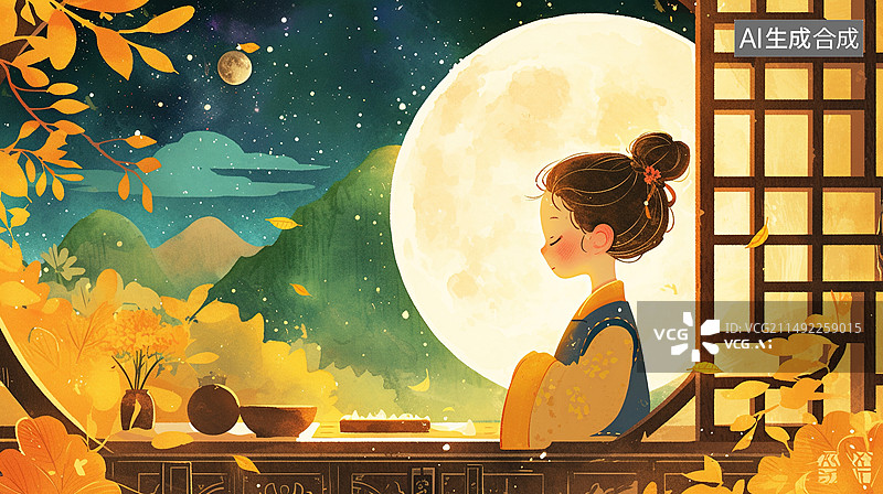 【AI数字艺术】秋天赏月的古代仕女图片素材