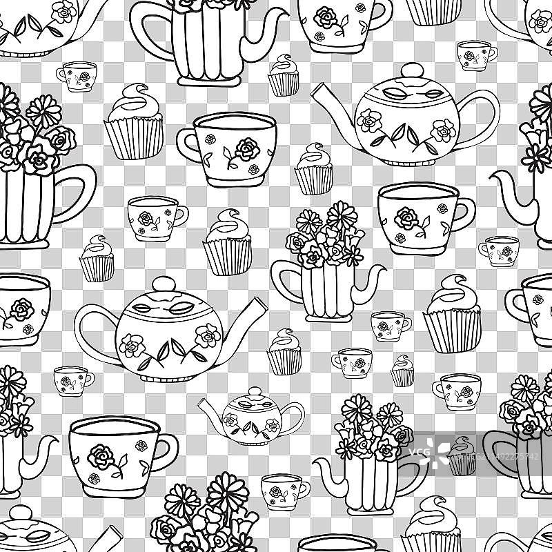 手绘花园茶话会元素无缝图案图片素材