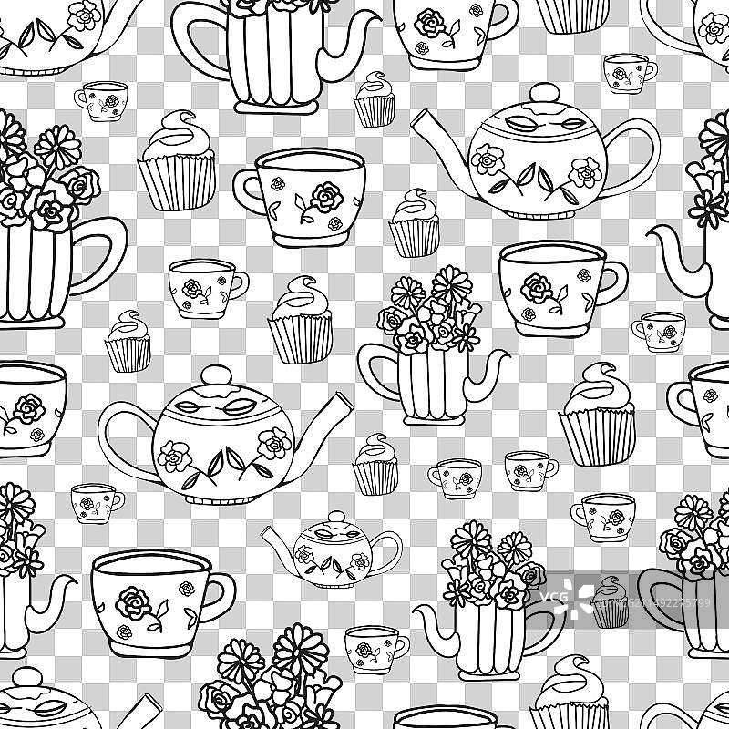 手绘花园茶话会元素无缝图案图片素材