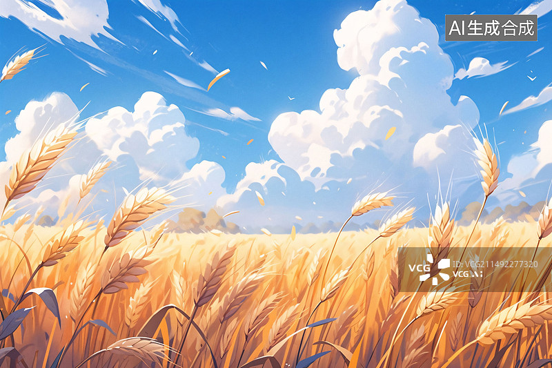 【AI数字艺术】夏天的金色麦田，秋天节气小麦成熟秋收插画图片素材