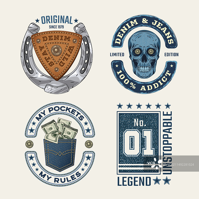 牛仔主题标签，带骷髅马蹄铁钱币图片素材