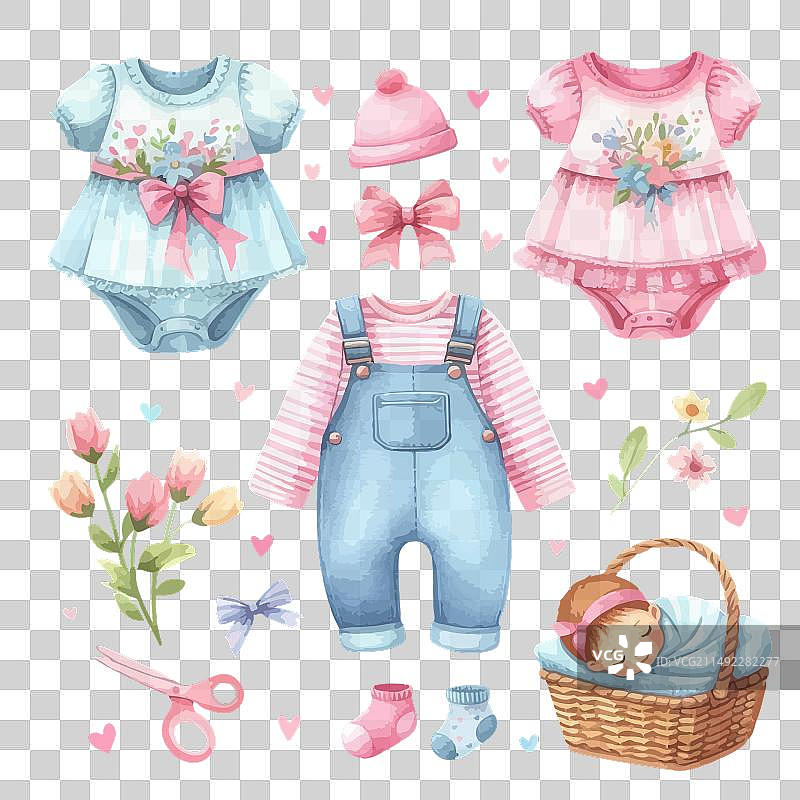 水彩新生儿连衣裙或服装套装图片素材