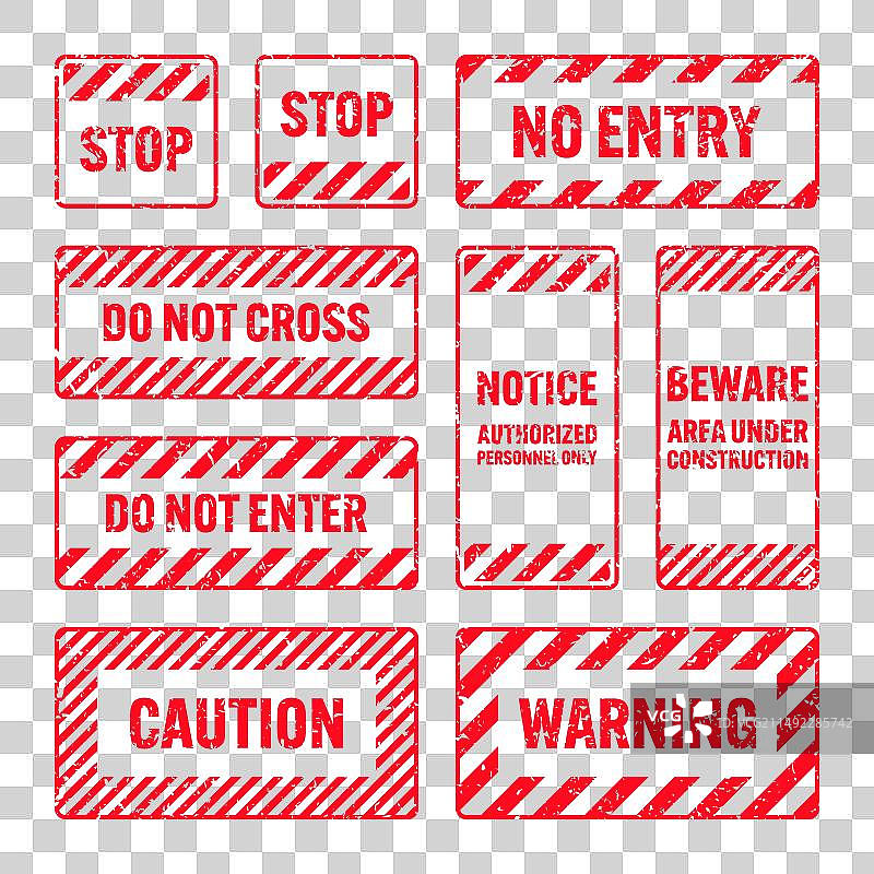 带对角线的各种红色Grunge警告标志图片素材