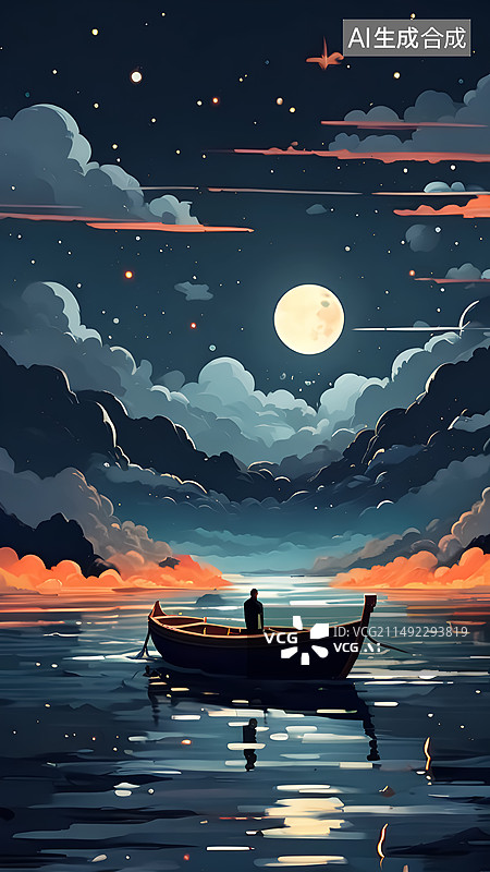 【AI数字艺术】月亮和湖泊小船唯美插画图片素材