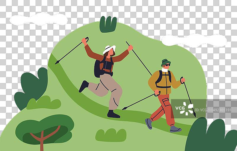 情侣使用登山杖愉快徒步旅行图片素材