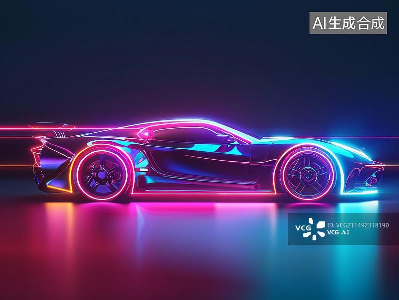 【AI数字艺术】未来科技 霓虹汽车飞驰出光线图片素材