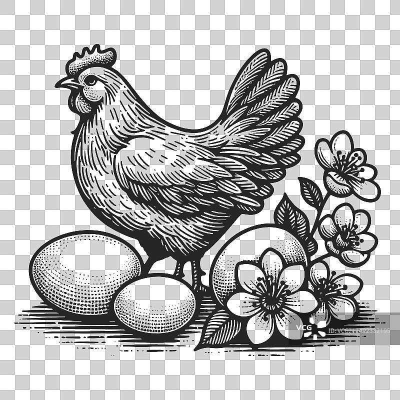 带有鲜花的母鸡和鸡蛋雕刻素描图片素材