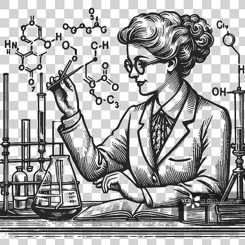 女科学家化学研究素描图片素材