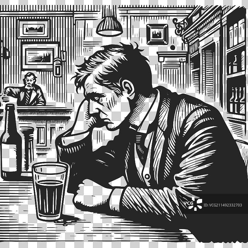 在老式酒吧喝酒的沮丧男人图片素材
