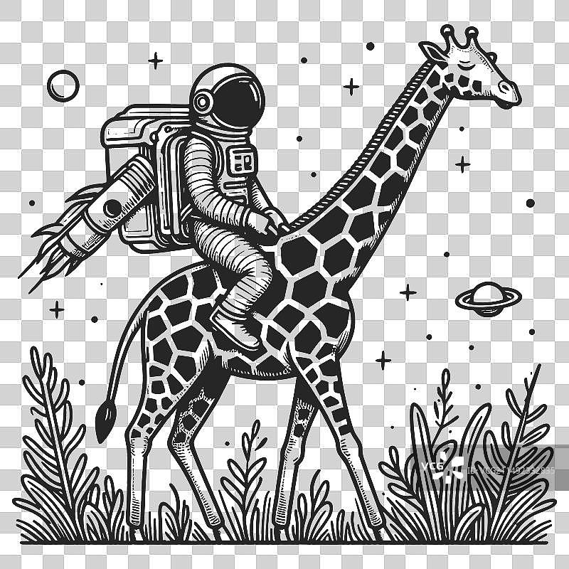 宇航员骑着长颈鹿在太空雕刻图片素材