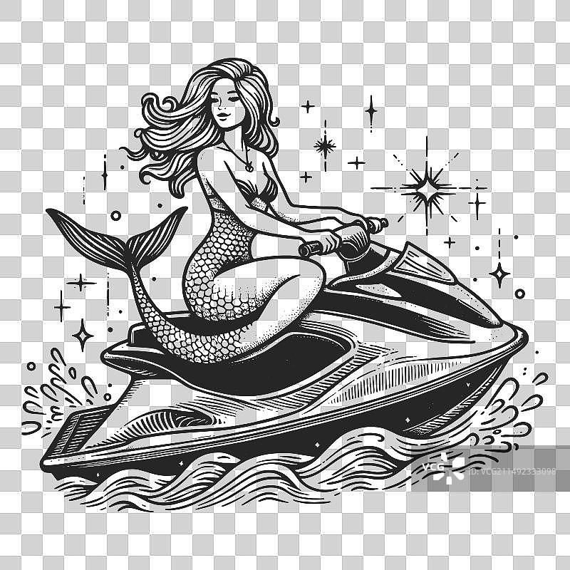 美人鱼骑着水上摩托艇在海浪上速写图片素材