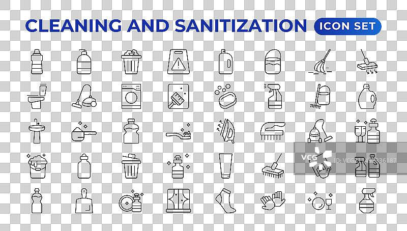 清洁线条图标：洗衣、窗户、海绵图片素材