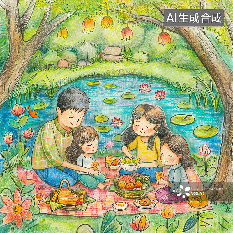 【AI数字艺术】爸爸妈妈带孩子在公园里野餐春游的儿童画图片素材