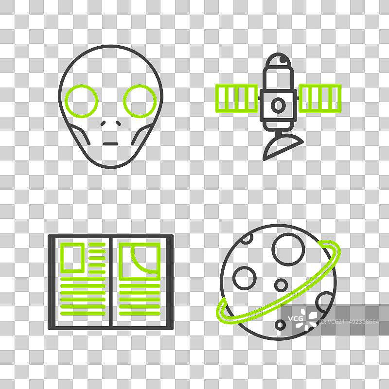 线条星球、打开的书本和卫星图片素材