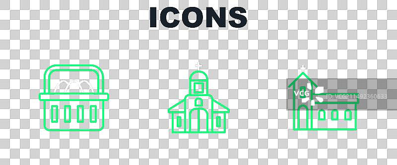 教堂建筑、复活节彩蛋篮子线条图标图片素材