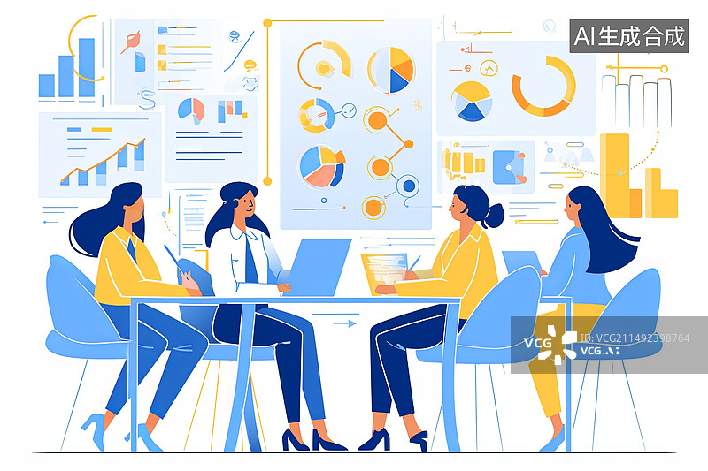 【AI数字艺术】蓝色扁平风女性白领工作插画图片素材