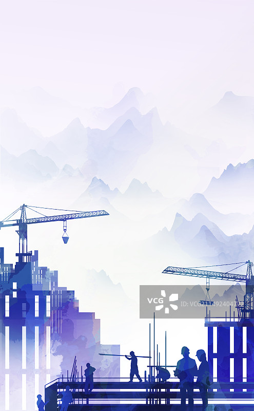 建筑工人奋斗在城市高空作业 城市剪影中国梦背景图片素材