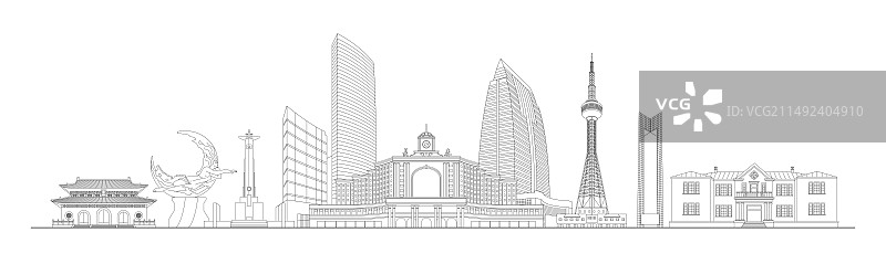 长春城市地标建筑黑色剪影线稿矢量插画海报图片素材
