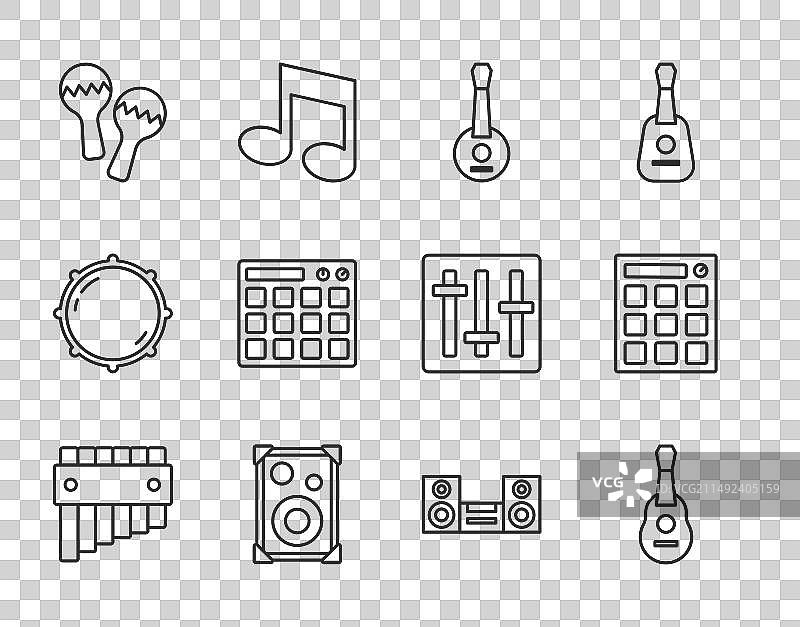 线条、排箫、吉他、班卓琴和立体声扬声器图片素材