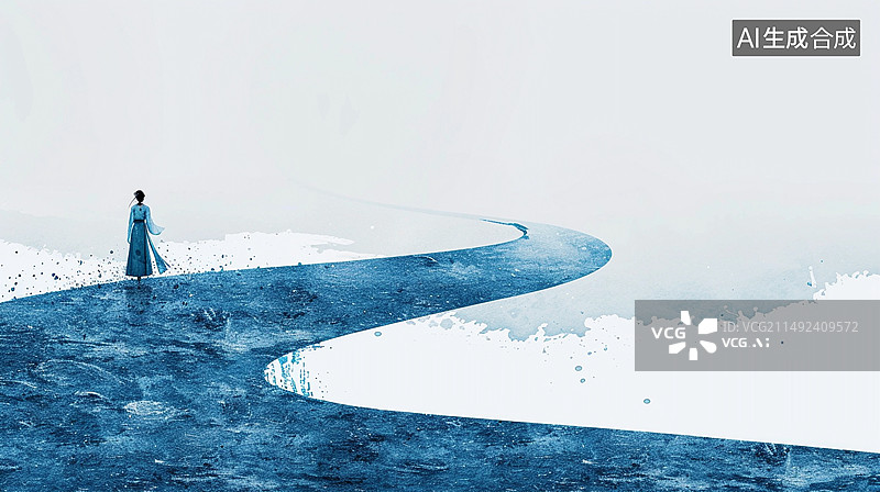 【AI数字艺术】极简国风背景插画——身着古装的行人图片素材