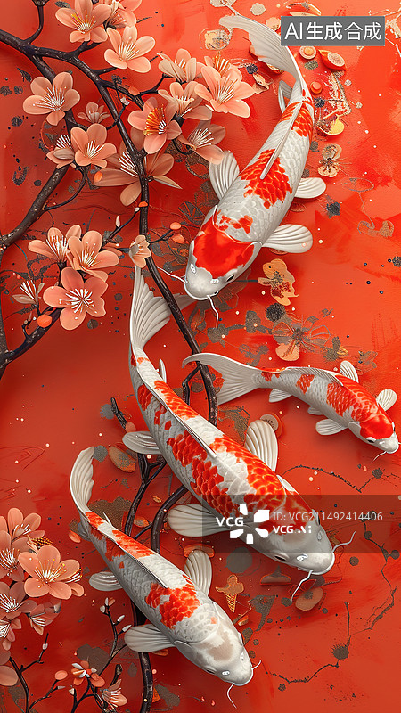 【AI数字艺术】中国风锦鲤鱼群插画背景图片素材