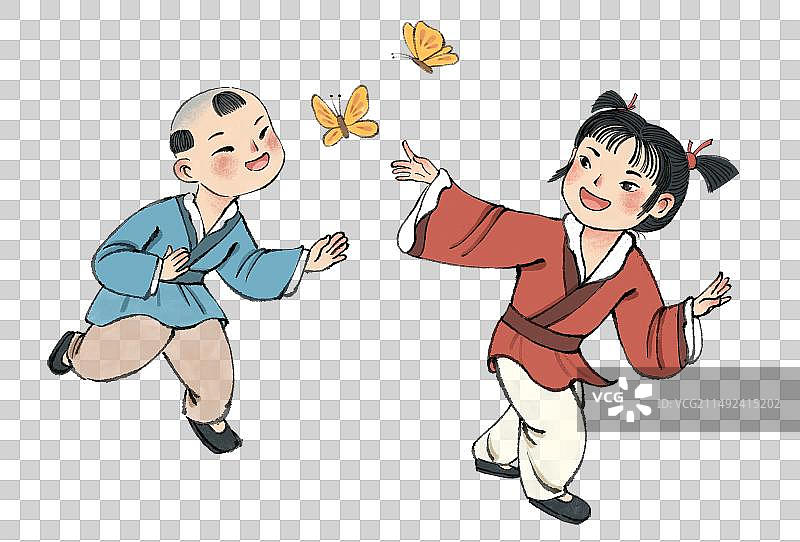 古诗古代两个小孩抓蝴蝶元素图片素材