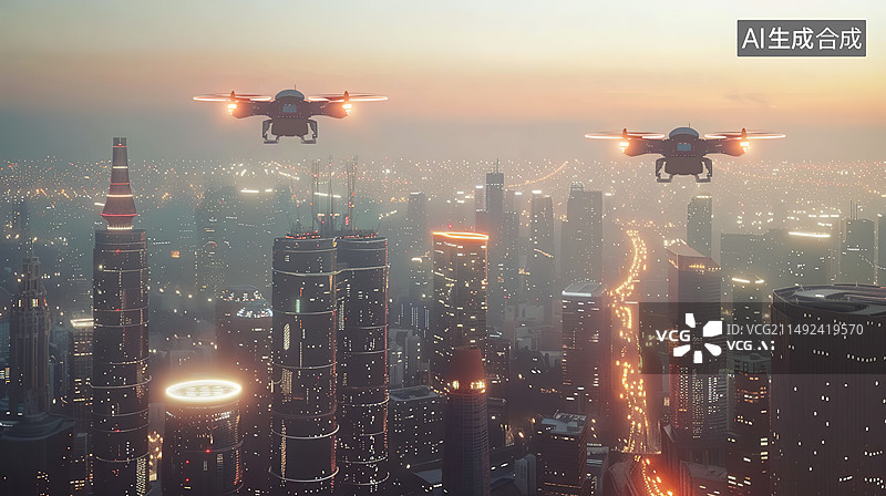 【AI数字艺术】无人机在城市上空飞行图片素材