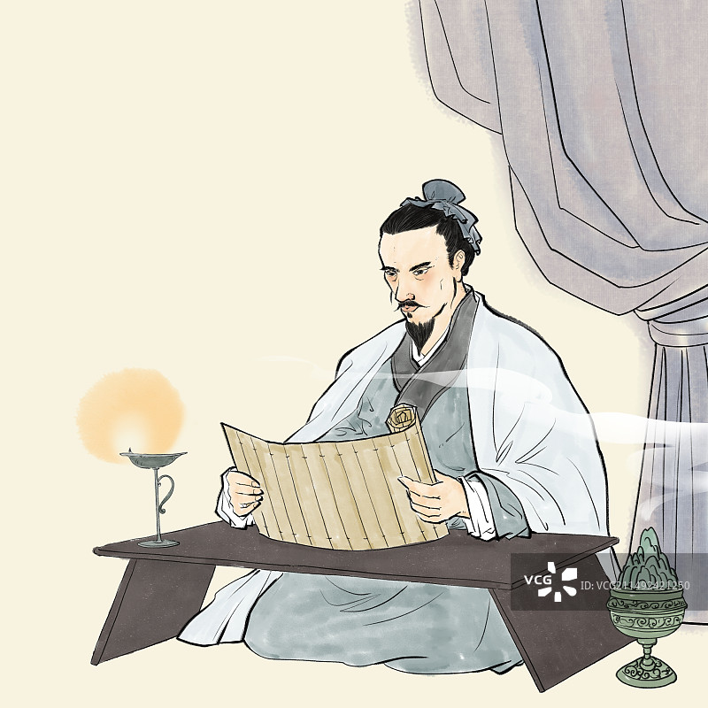 历史人物挑灯夜读传统水墨插画图片素材