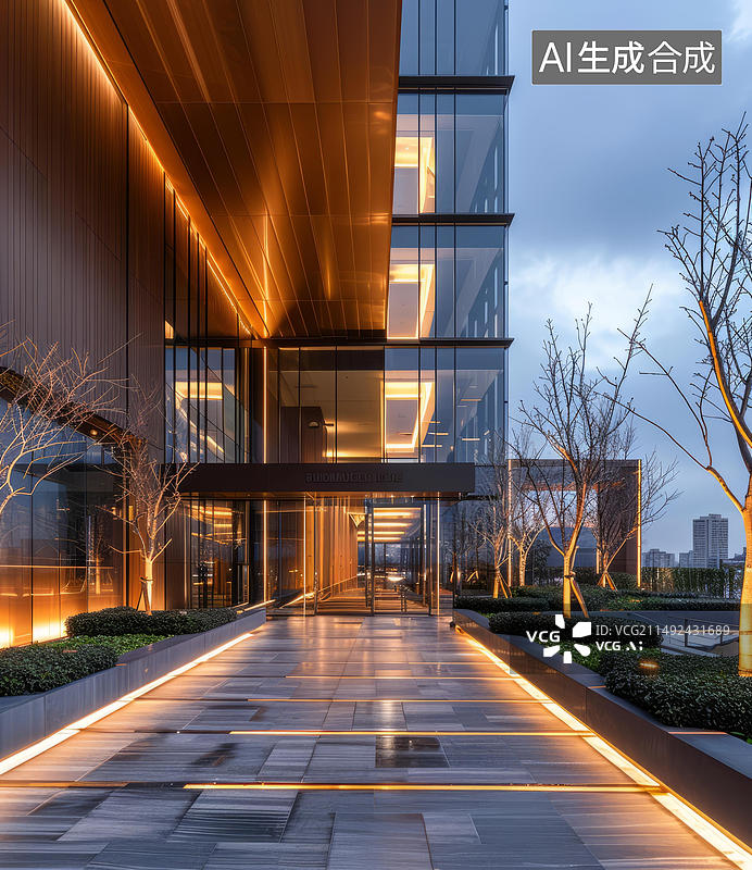 【AI数字艺术】现代办公大厦玻璃幕墙和铜質感外牆图片素材