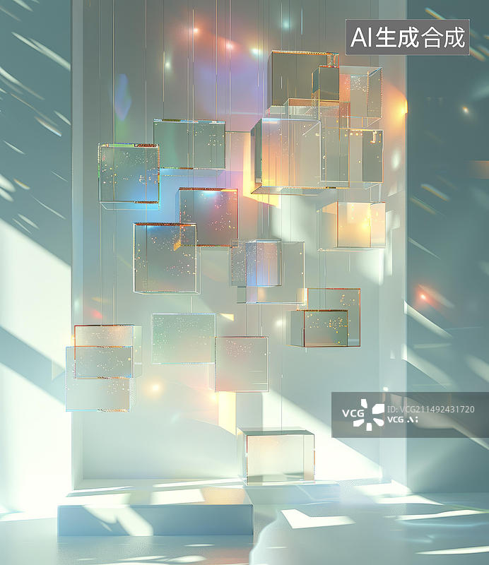 【AI数字艺术】漂浮的玻璃立方体装置图片素材