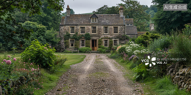 【AI数字艺术】英国乡村的一条乡间小路通向一栋石头农舍图片素材