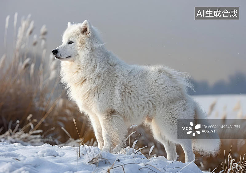 【AI数字艺术】萨摩耶犬站在雪地里图片素材