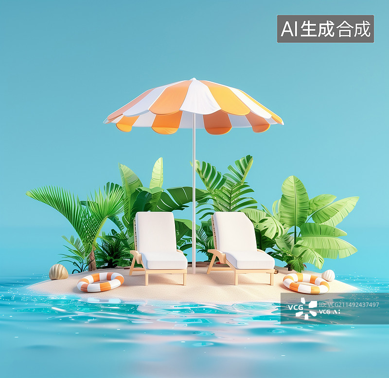 【AI数字艺术】海洋中的天堂岛 户外活动的微型海滩配件图片素材