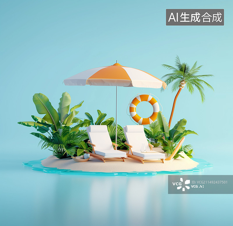 【AI数字艺术】海洋中的天堂岛 户外活动的微型海滩配件图片素材