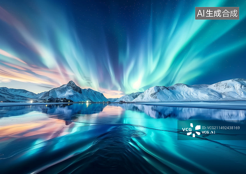 【AI数字艺术】北极光，雪山，大海，峡湾，水中倒影，星空冬夜的路灯图片素材