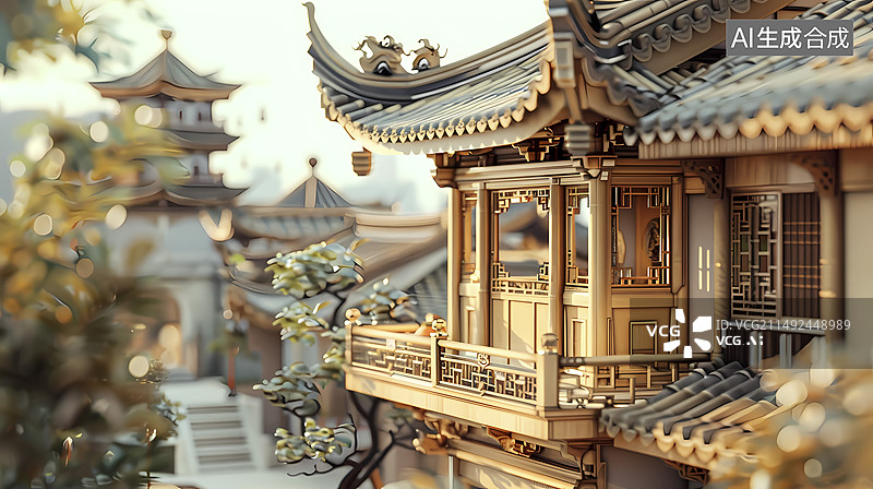 【AI数字艺术】中国古建筑模型海报背景图片素材