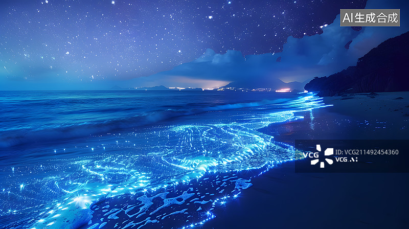 【AI数字艺术】夜晚海滩上的蓝眼泪图片素材