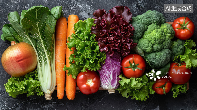 【AI数字艺术】健康新鲜的有机蔬菜俯视图背景素材图片素材