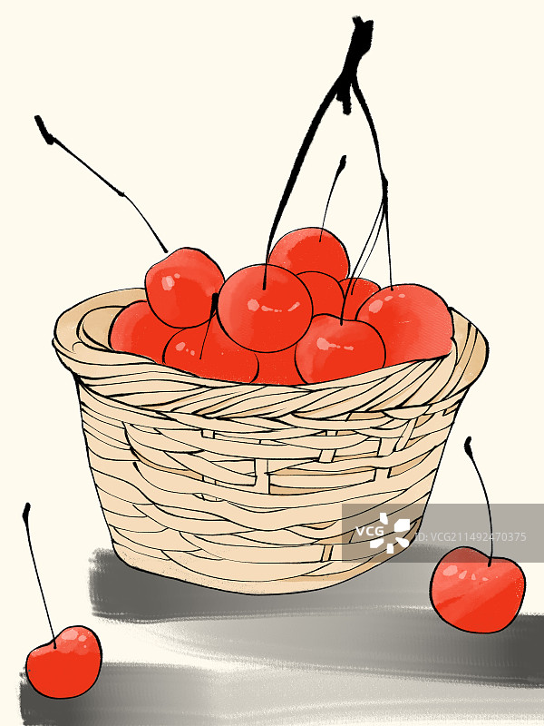 装在竹筐里的樱桃车厘子插画图片素材